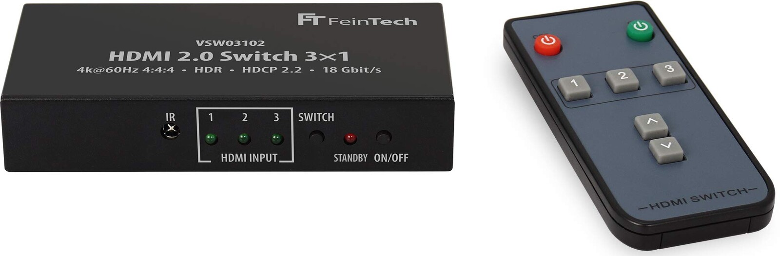 FeinTech VSW03102 Hdmi přepínač 2.0 switch 3x1 4K Hdr Hdcp 2.2 dálkové ovládání