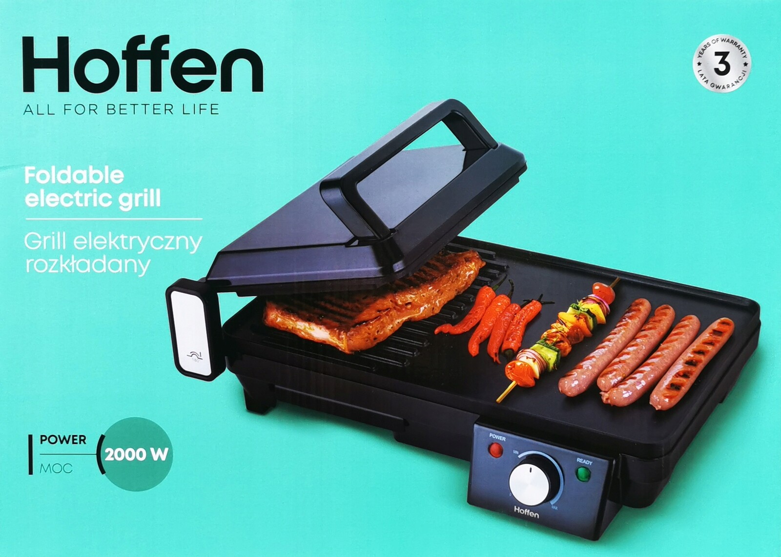 Elektrický rozkládací stolní gril 2v1 Hoffen 2000 W, otevírání 180 stupňů