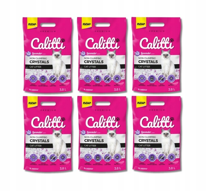 Silikonové stelivo bezprašné Levandulové pro kočky Calitti Crystal 6 x 3,8L