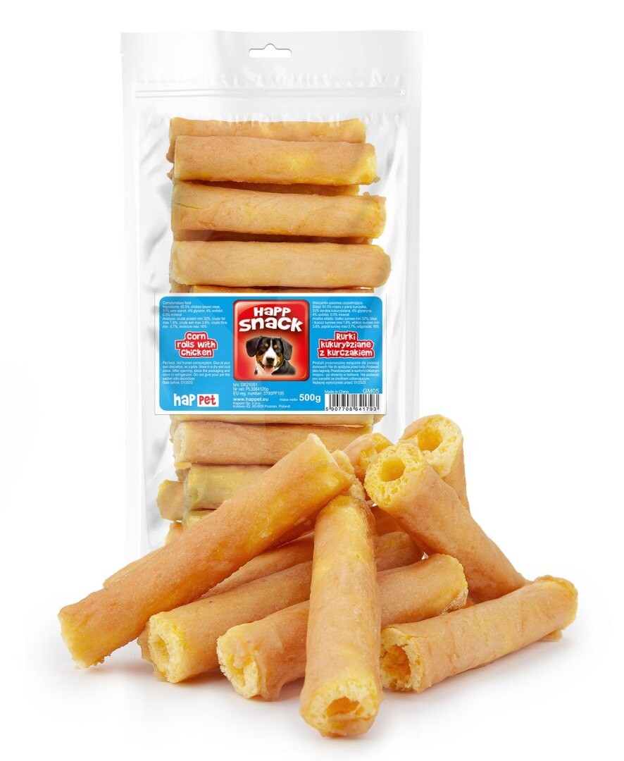 Kukuřičné trubičky s kuřecím masem pro psa 500 g, přírodní pamlsek