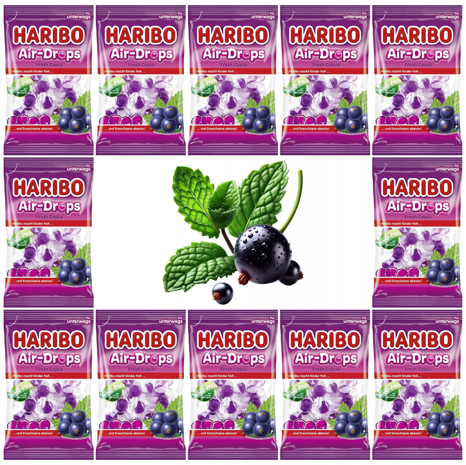 Haribo Bonbóny gumové želé bonbony 12x100g Máta Rybíz Air-Drops Fresh Cassis