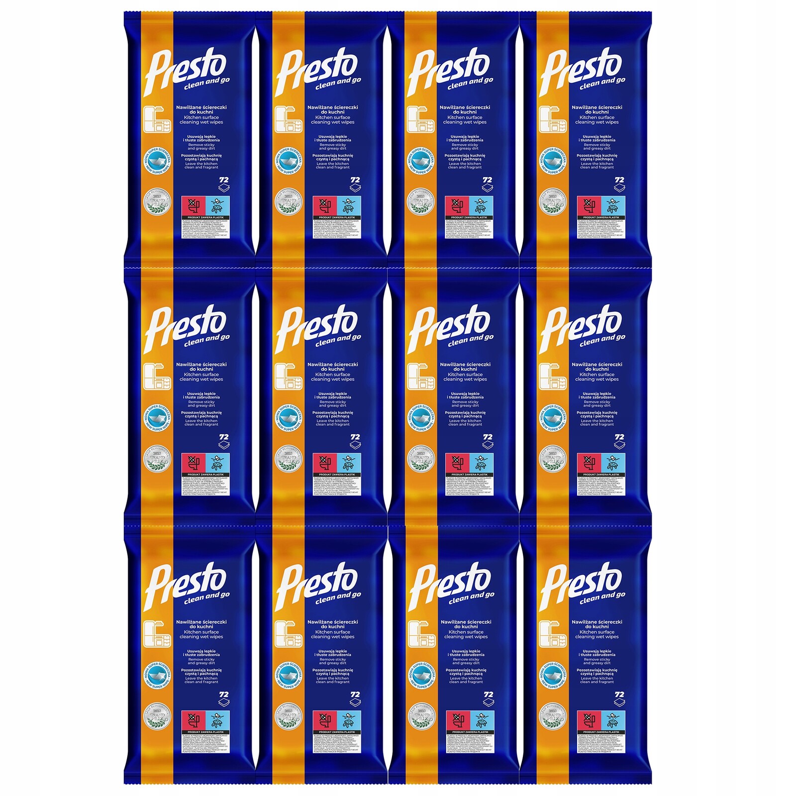 Utěrky Vlhčené Ubrousky Presto do kuchyně a na pracovní desky, 12 kusů