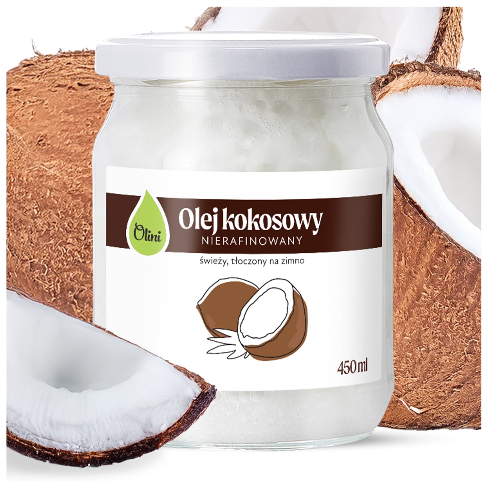 Kokosový olej nerafinovaný lisovaný za studena Olini 450 ml