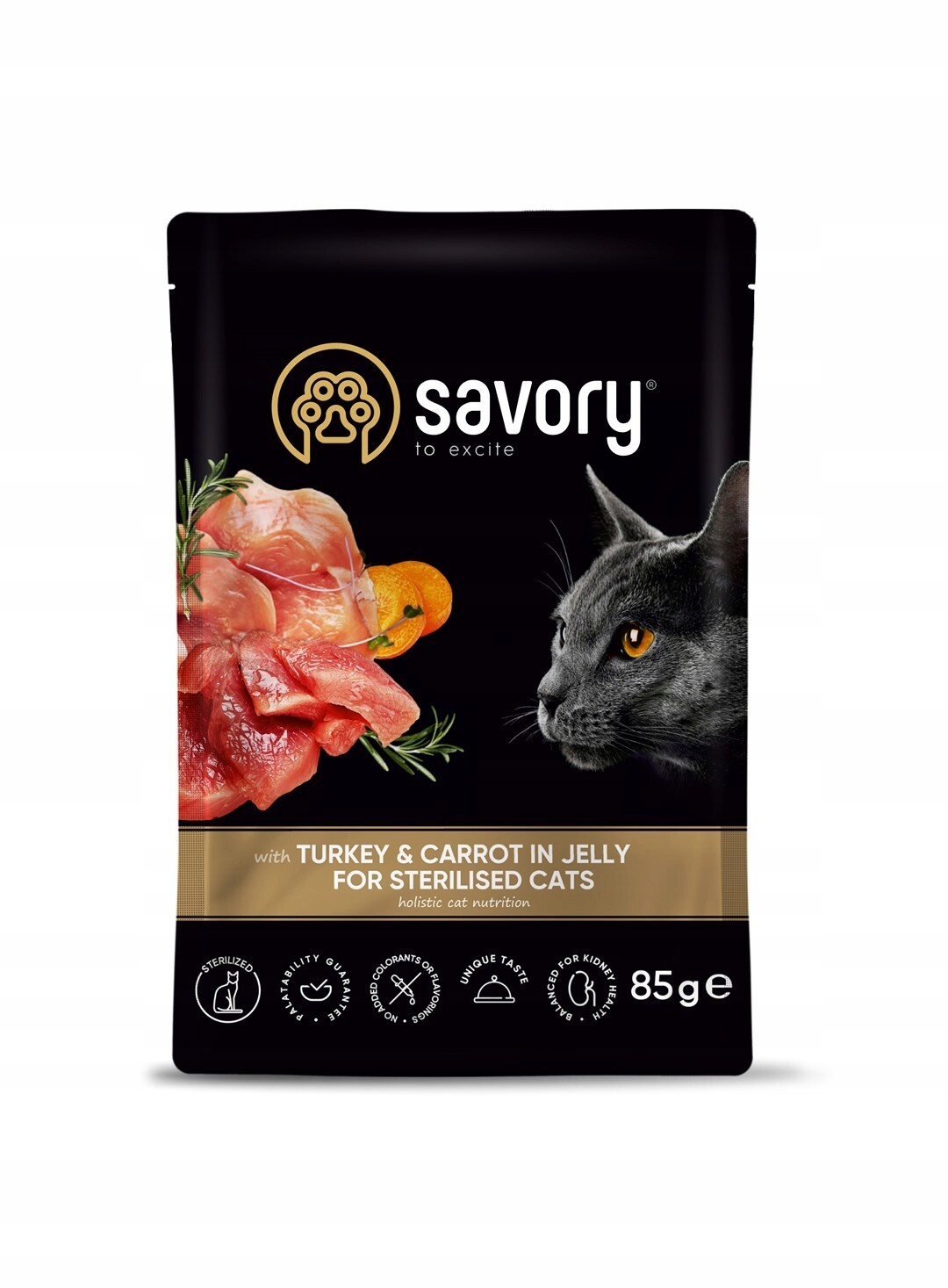 Savory, vlhké krmivo pro sterilizované kočky s krůtím masem a mrkví, 24x85 g