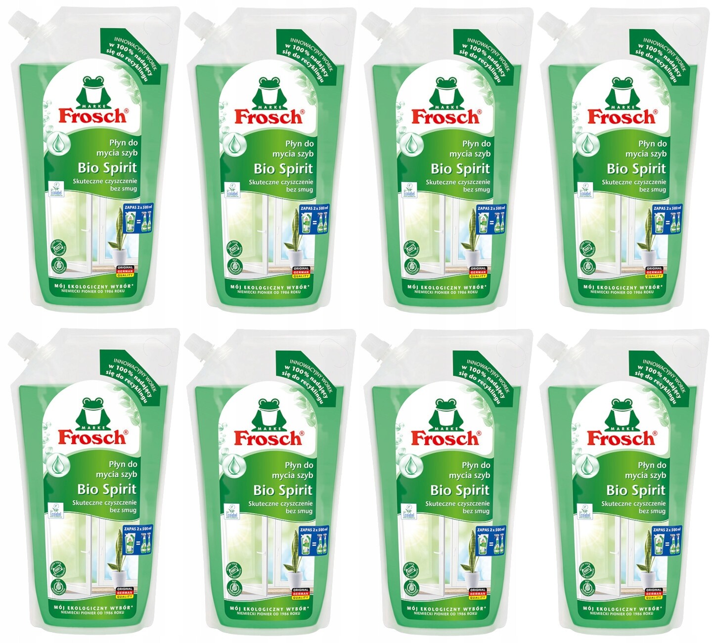 8 x Frosch Ekologický čisticí prostředek na skla Bio Spirit bez šmouh Náhradní náplň XL 1 L