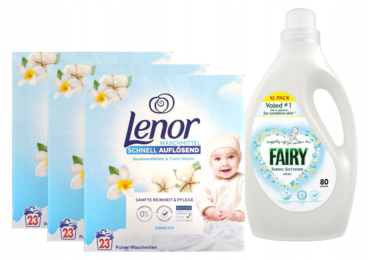 Fairy Fabric Softener pro hypoalergenní oplachování 80 a Lenor Sensitive 23px3