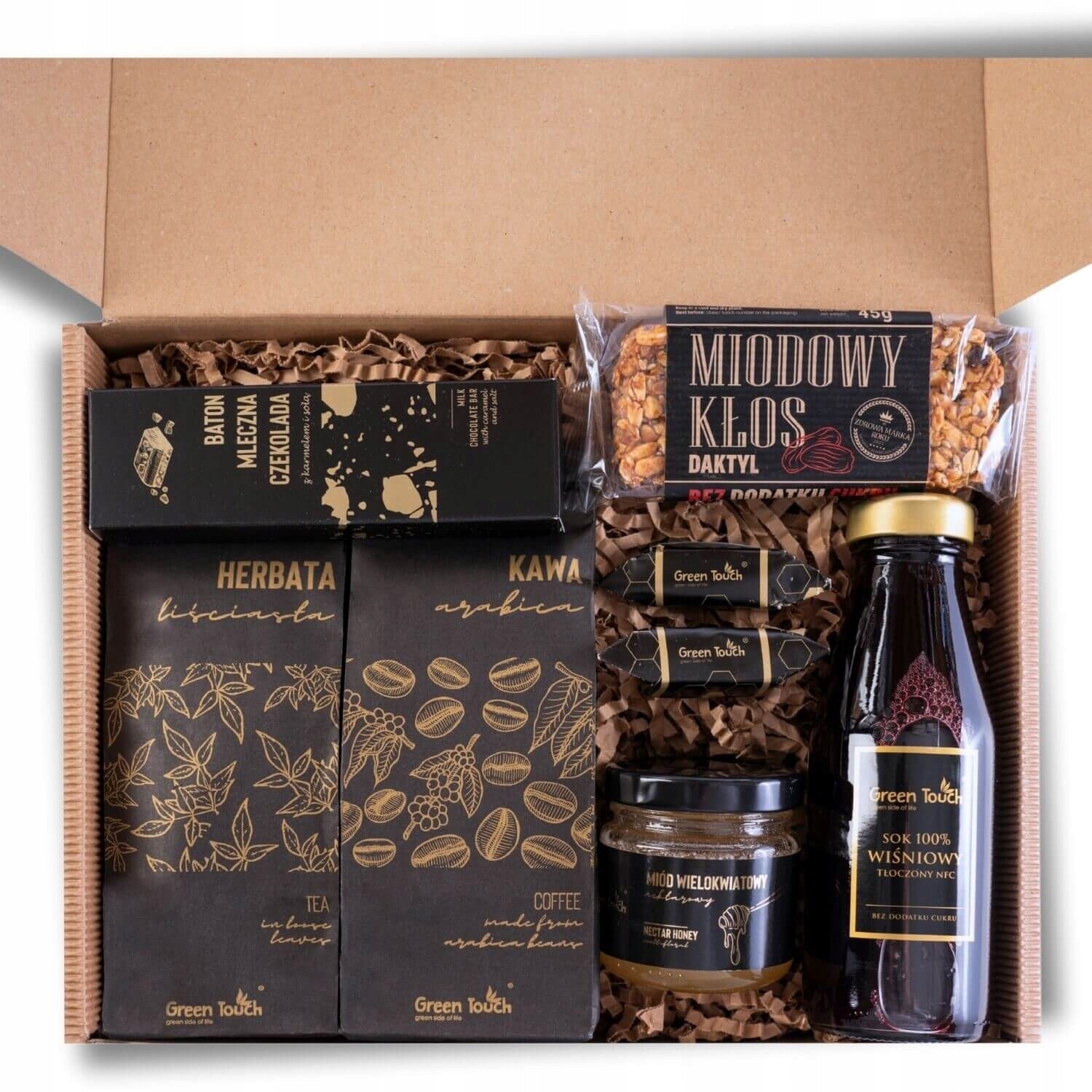 Dárková Sada box sladkosti med Čaj a Káva džus tyčinka slaný karamel