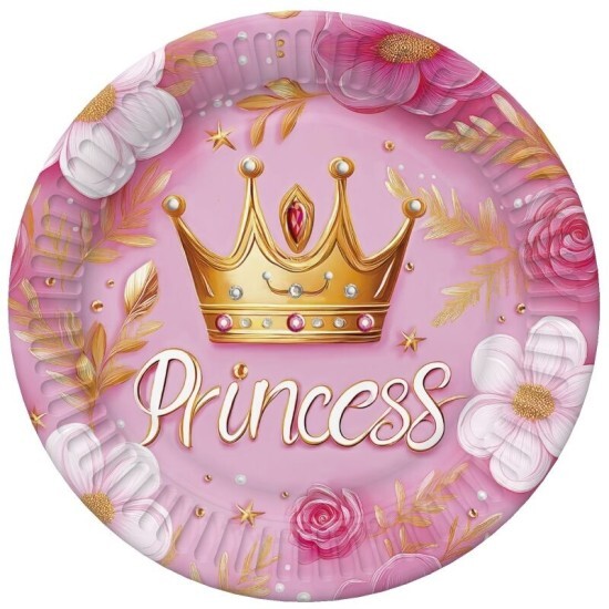 POL-MAK Papírové talíře velké - Pink Princess Crown - 23 cm - 8 ks - TD02_OG_040801