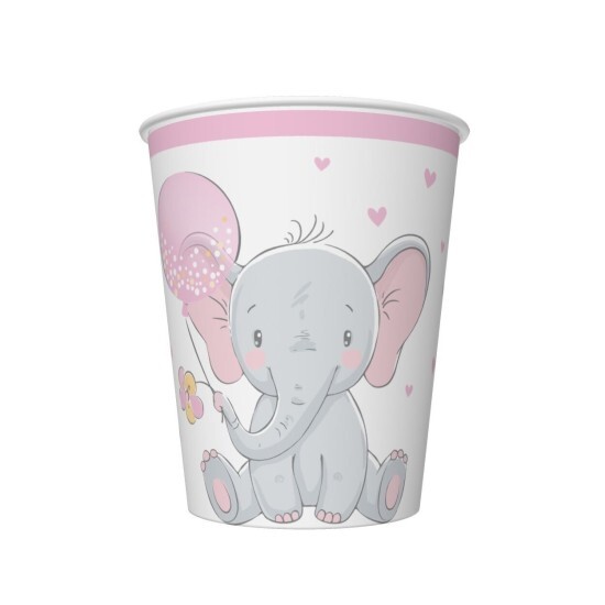 POL-MAK Papírové kelímky - Baby Elephant with pink Balloon - 250 ml - 8 ks - KM01_OG_053002