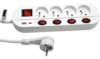 Roline Vícenásobná zásuvka 230V/16A, 4x zásuvka CZ, 3 + 1 vypínač, zdroj USB A + C, bílá, 1,5m