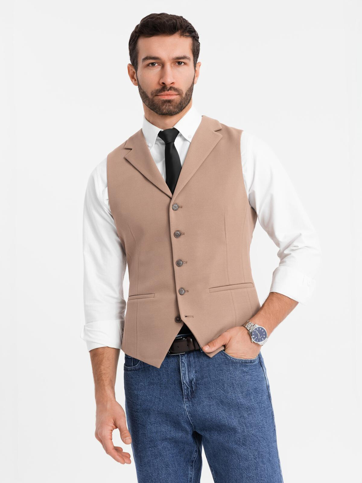 Ombre Fitted elegant men's vest with elastane and lapels - brown