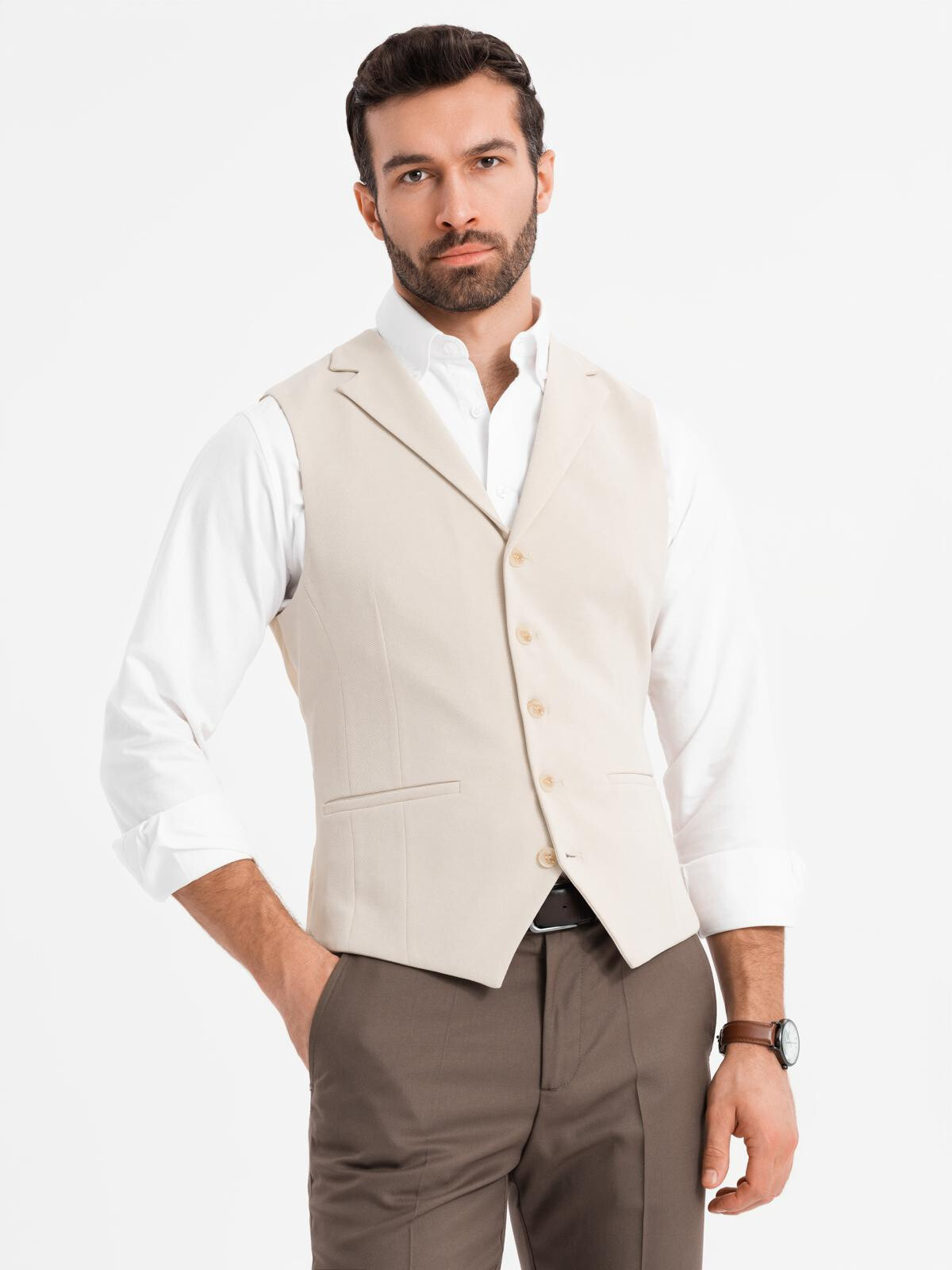 Ombre Fitted elegant men's vest with elastane and lapels - beige