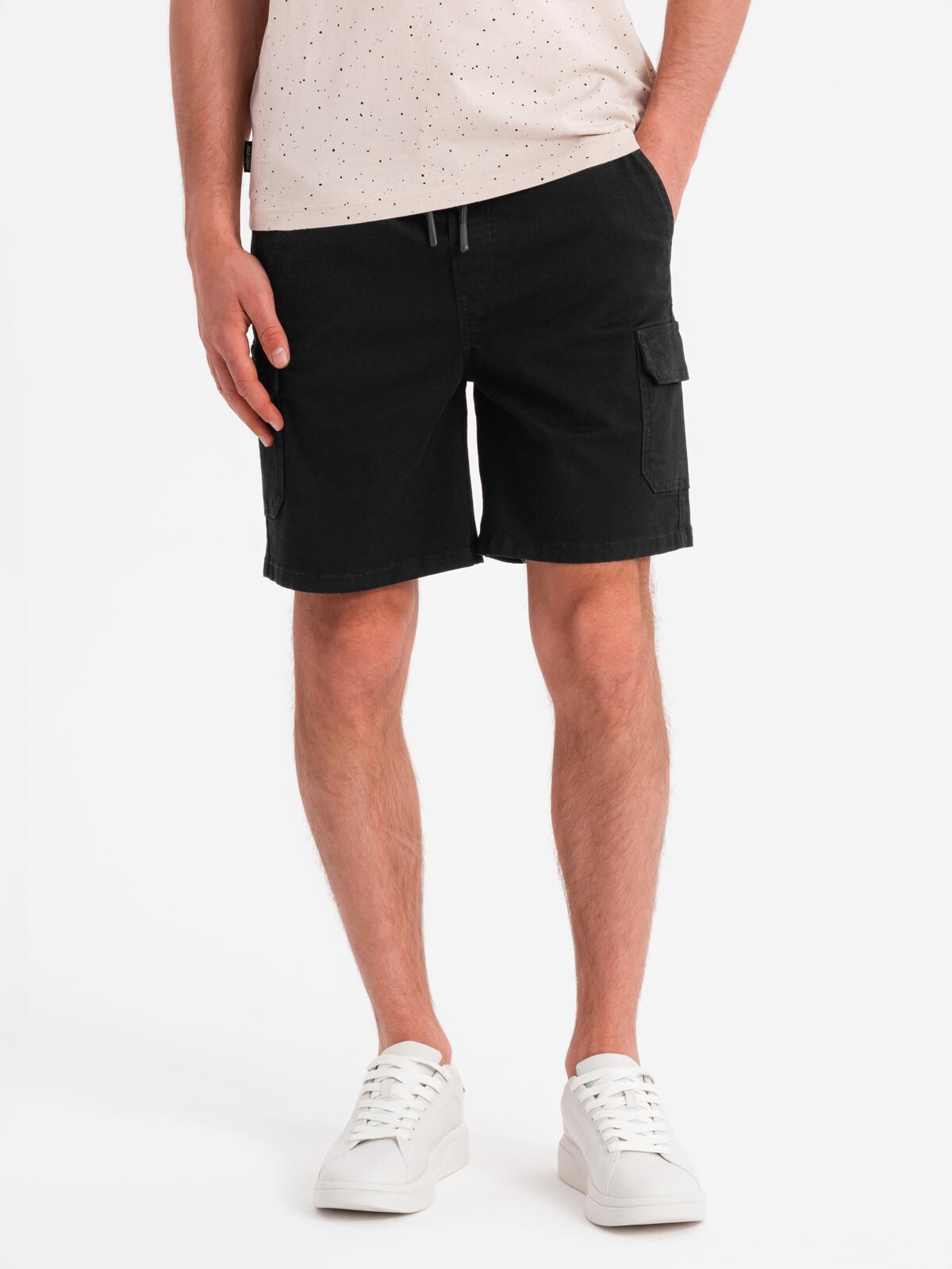 Ombre Men's cotton cargo shorts with elastic waistband - black