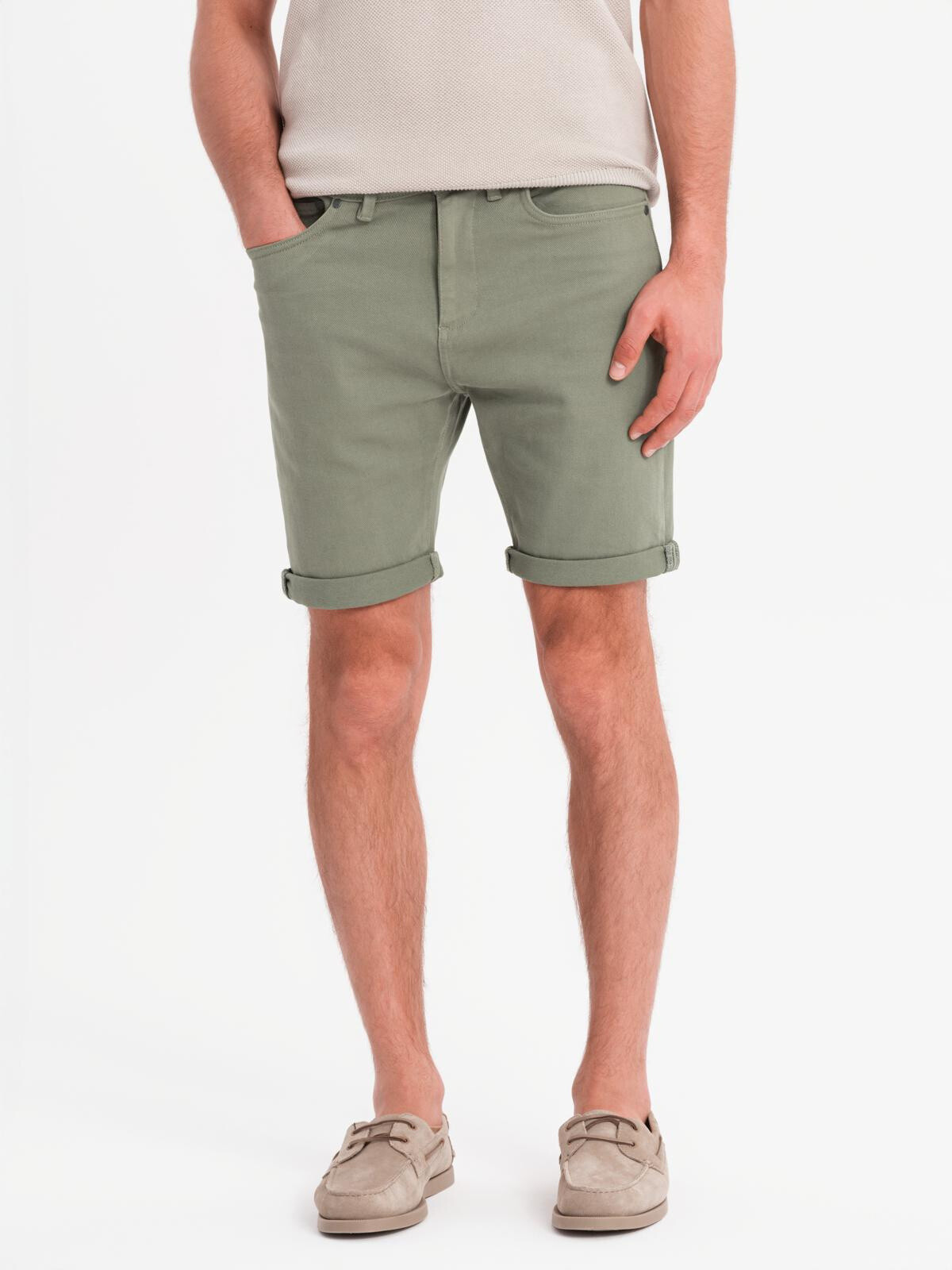 Ombre Men's classic denim shorts with rolled up leg - light olive