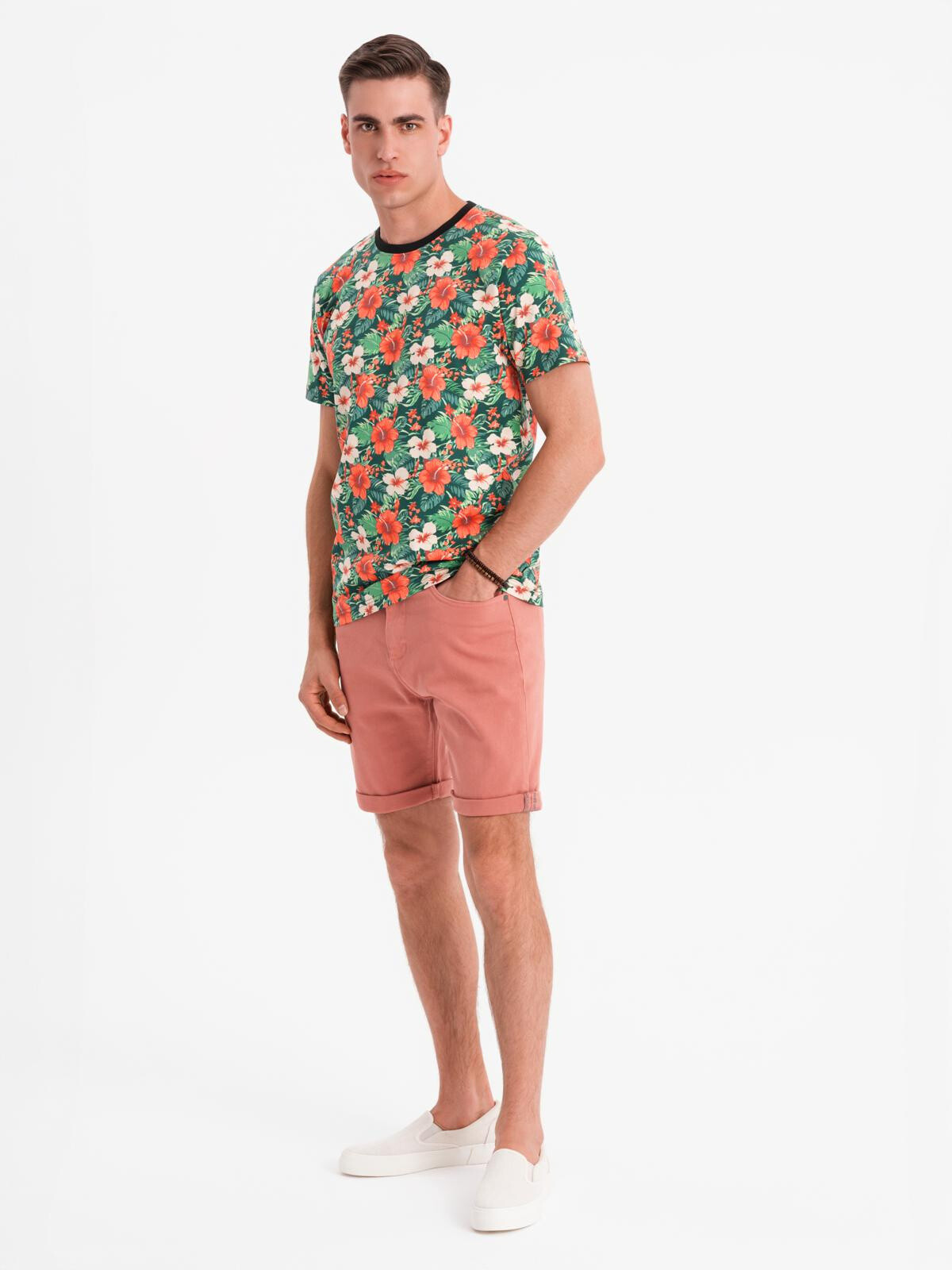 Ombre Men's denim classic shorts with rolled up leg - coral