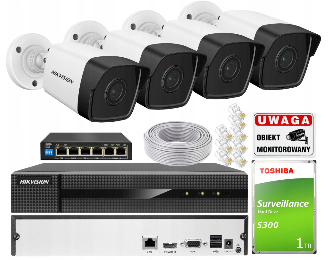 Monitorovací sada 4 kamer Hikvision 4x IPCAM-B4 4Mpx rekordér