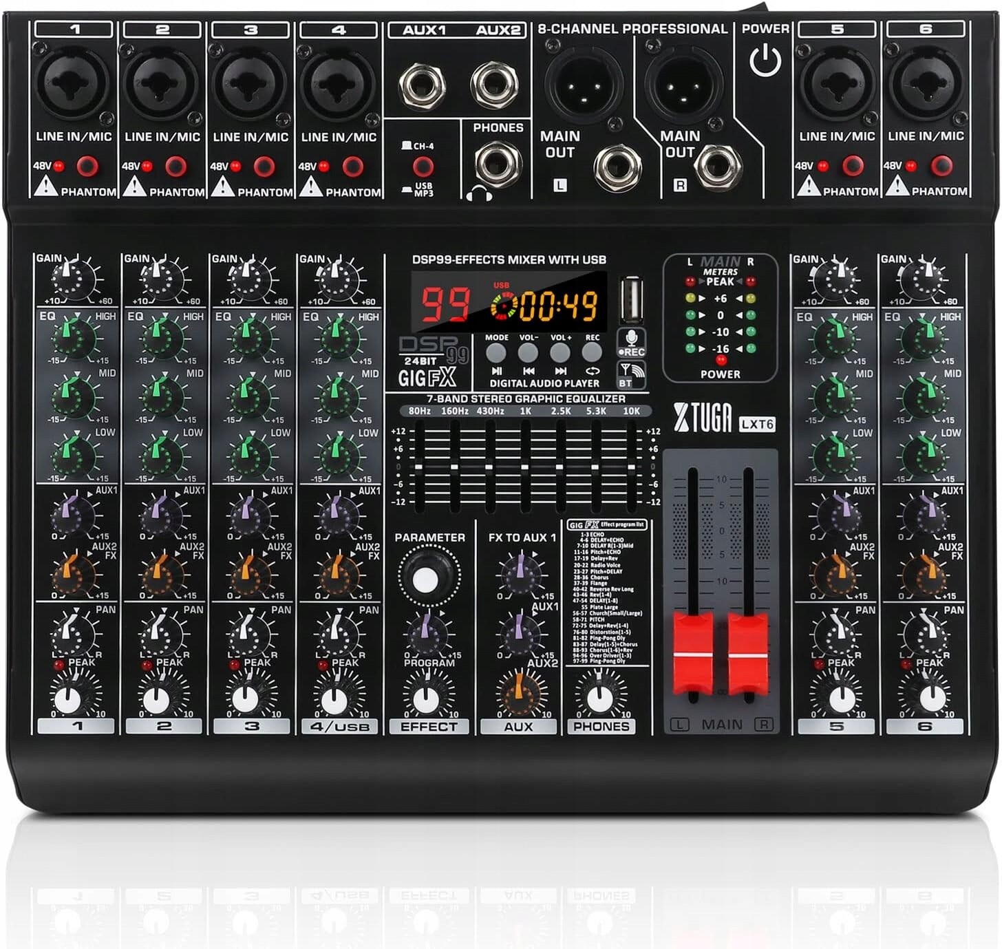 Xtuga LXT6 6-stopový profesionální audio mixážní pult s 99 Dsp efekty, 7