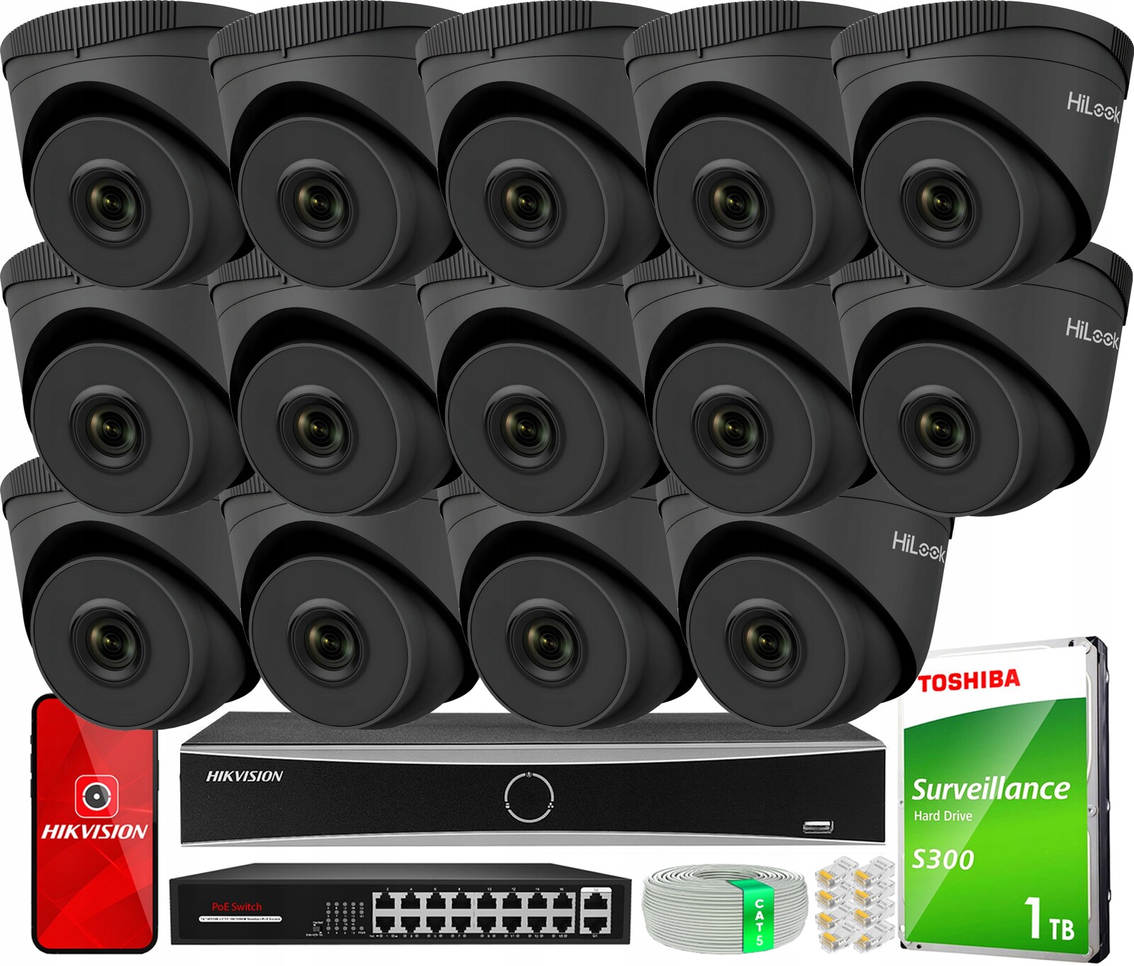 Sada pro monitorování Ip 16 kamer IPCAM-T5 Black 5MP PoE HiLook od společnosti Hikvision