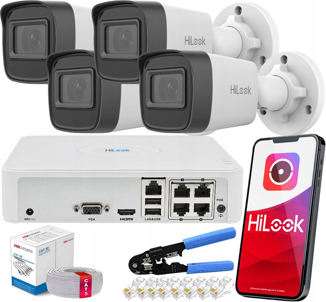 Sada monitorování Ip 4 kamery 4MPx IPC-B141H-C Venkovní Hilook Hikvision