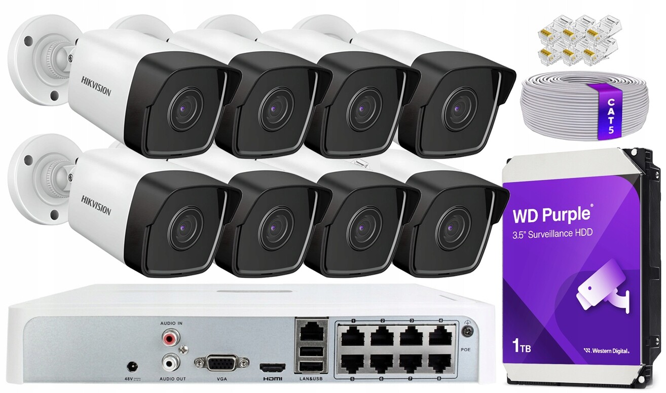 Sada monitorování Ip 8 kamer Hikvision 2K 4Mpx IPCAM-B4 PoE Venkovní