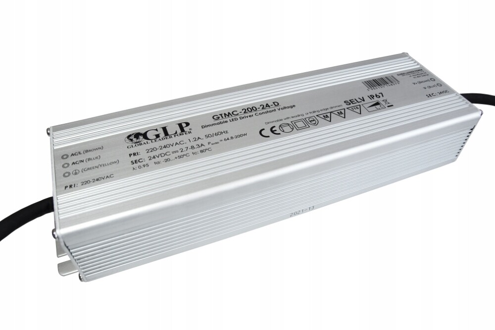 GTMC-200-24-D: Glp Psu: Stmívatelný triakový Led driver 24V/2,7-8,3A, CV, IP67