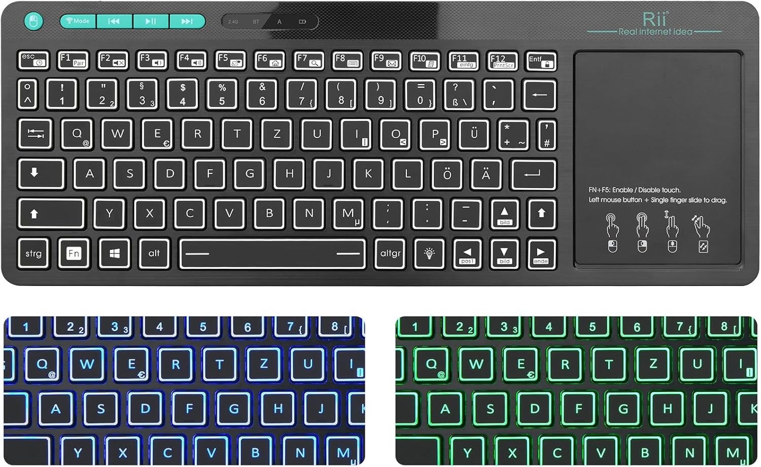 Bezdrátová klávesnice Rii RT518S Bluetooth 2.4GHz Touchpad Rgb Qwertz