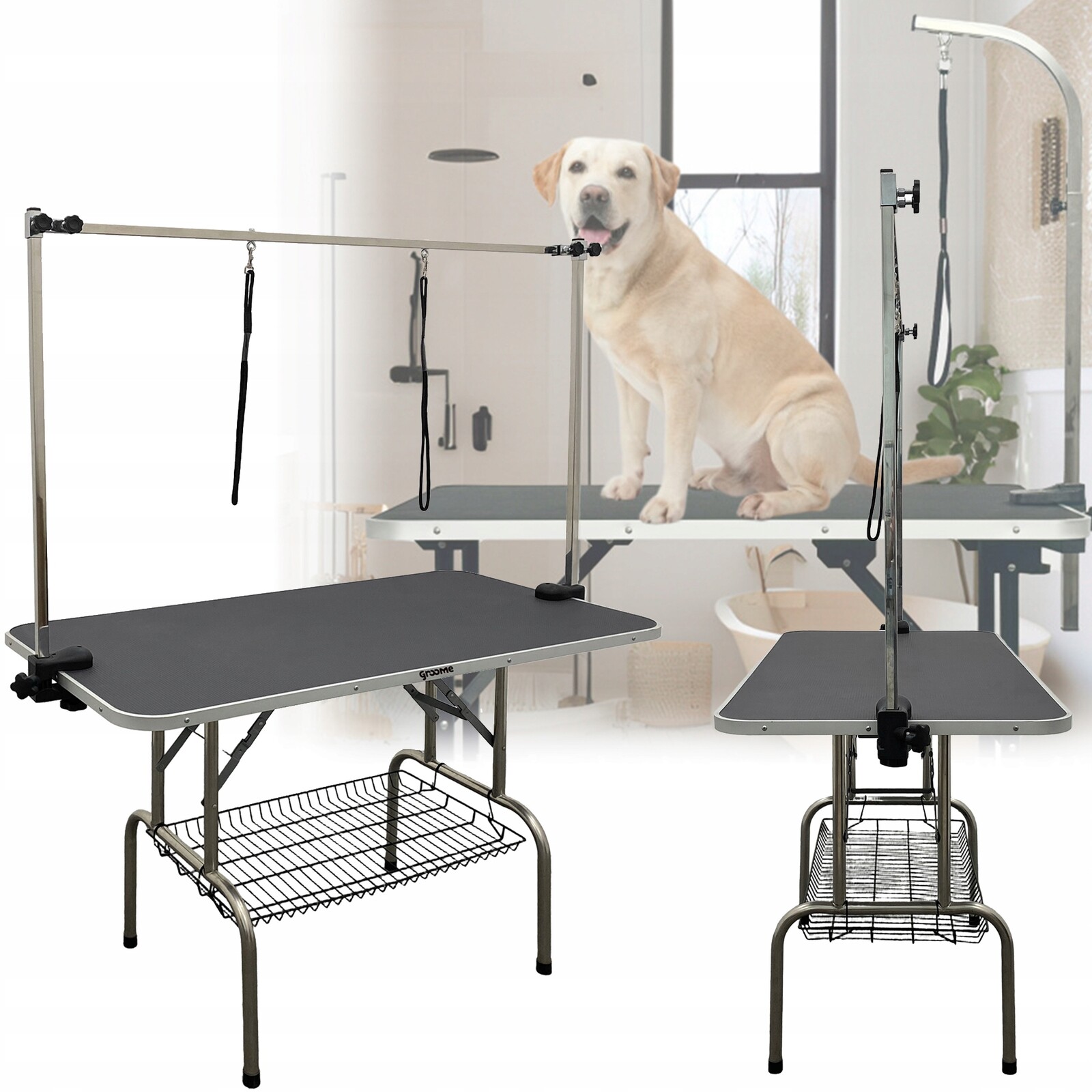 Groomerský stůl, veterinární zastřihovač, dvě vodítka, protiskluzová deska