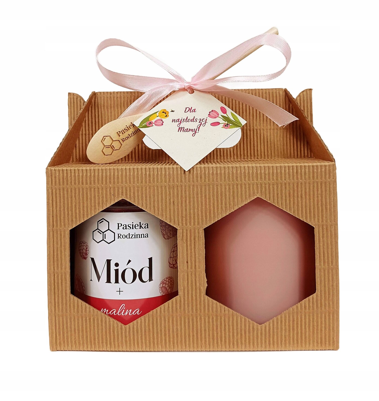 Dárková Sada Med z maliny 410 g svíčka Pudrová Růžová 270 ml Svátek Matek