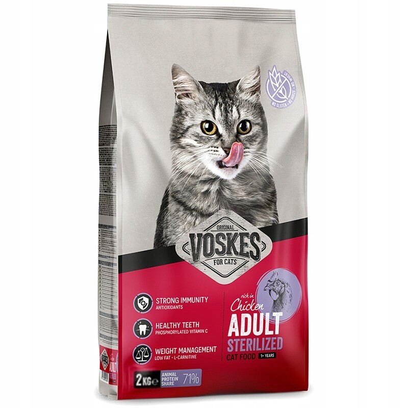 Voskes Adult Sterilized Chicken – suché krmivo pro kočky po sterilizaci s ku