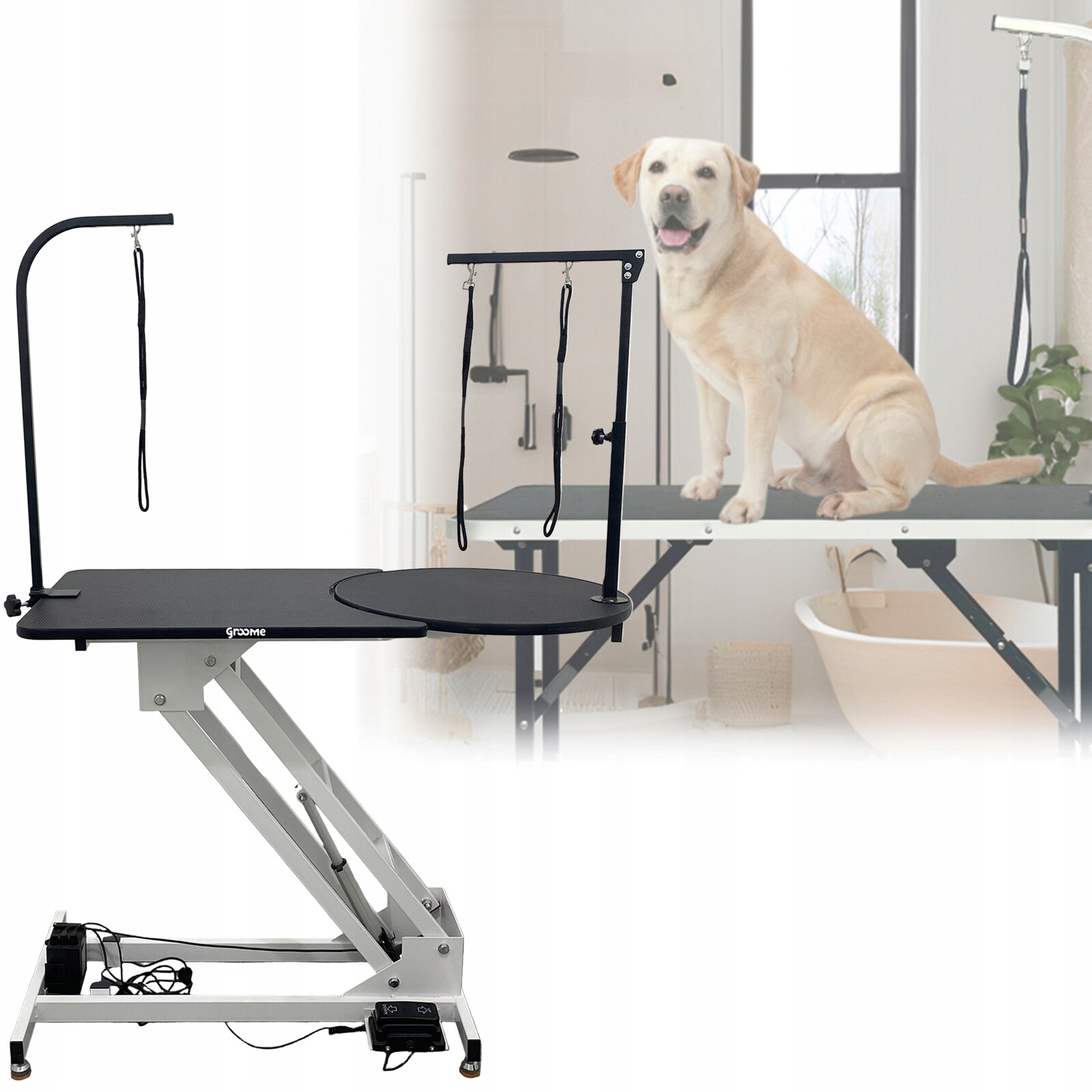 Groomerský stůl veterinární trimovací, jedna vodítko, elektrický pohon