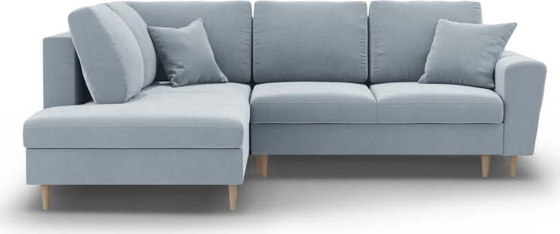 Světle modrá sametová rozkládací/s úložným prostorem rohová pohovka (levý roh/do L) Kyoto – Cosmopolitan Design