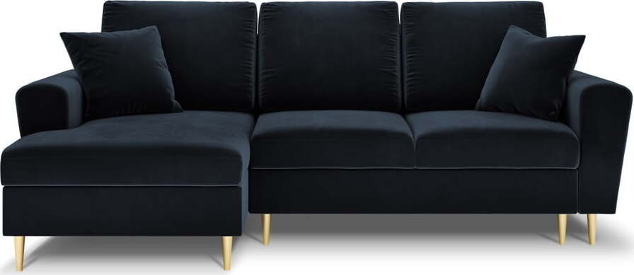 Tmavě modrá sametová rozkládací/s úložným prostorem rohová pohovka (levý roh/s lenoškou) Kyoto – Cosmopolitan Design