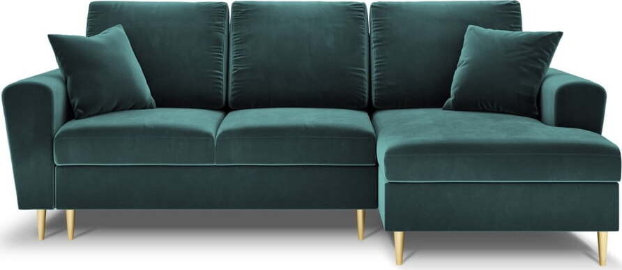 Sametová rozkládací/s úložným prostorem rohová pohovka v petrolejové barvě (pravý roh/s lenoškou) Kyoto – Cosmopolitan Design