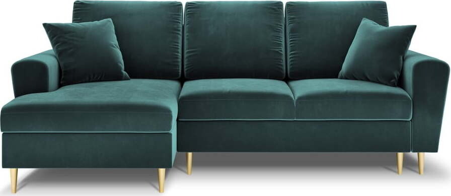 Sametová rozkládací/s úložným prostorem rohová pohovka v petrolejové barvě (levý roh/s lenoškou) Kyoto – Cosmopolitan Design