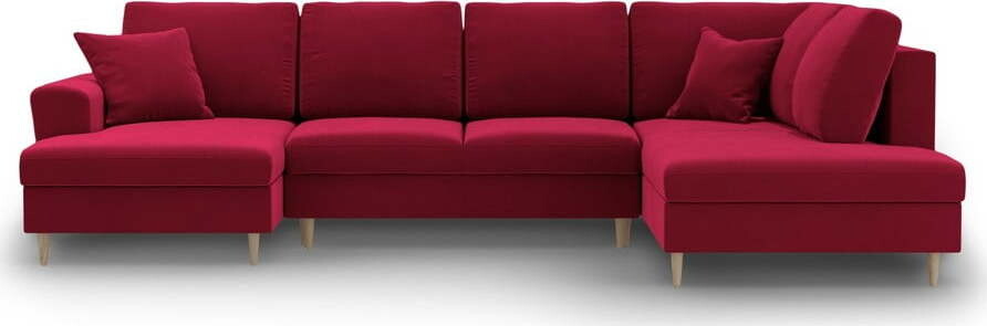 Červená sametová rozkládací/s úložným prostorem rohová pohovka (pravý roh/do 
