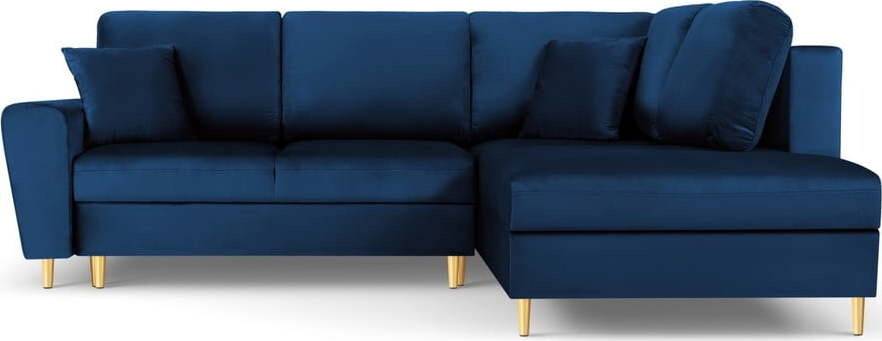 Modrá sametová rozkládací/s úložným prostorem rohová pohovka (pravý roh/do L) Kyoto – Cosmopolitan Design