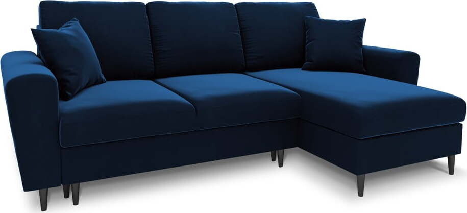 Modrá sametová rozkládací/s úložným prostorem rohová pohovka Kyoto – Cosmopolitan Design
