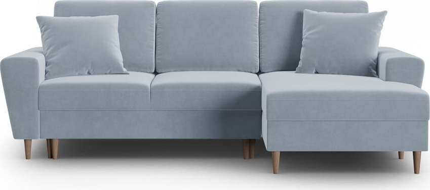 Světle modrá sametová rozkládací/s úložným prostorem rohová pohovka (pravý roh/s lenoškou) Kyoto – Cosmopolitan Design
