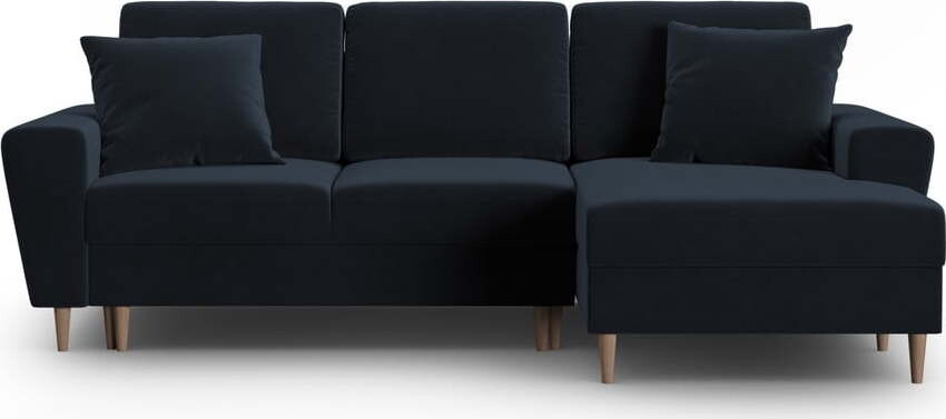 Tmavě modrá sametová rozkládací/s úložným prostorem rohová pohovka (pravý roh/s lenoškou) Kyoto – Cosmopolitan Design