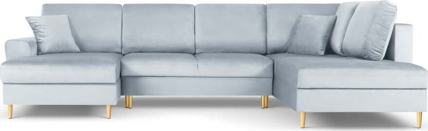 Světle modrá sametová rozkládací/s úložným prostorem rohová pohovka (pravý roh/do