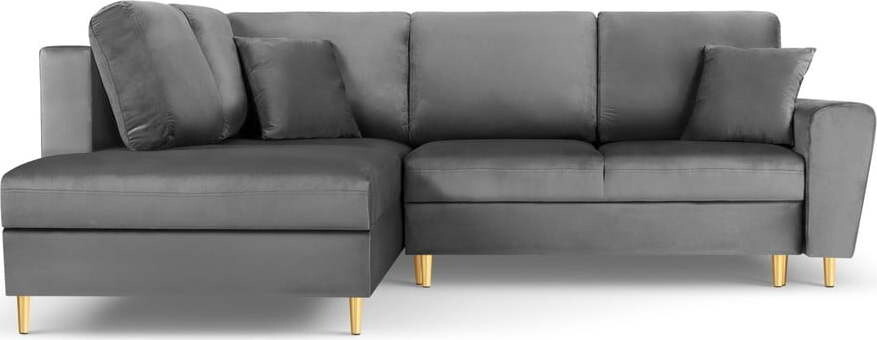 Světle šedá sametová rozkládací/s úložným prostorem rohová pohovka (levý roh/do L) Kyoto – Cosmopolitan Design