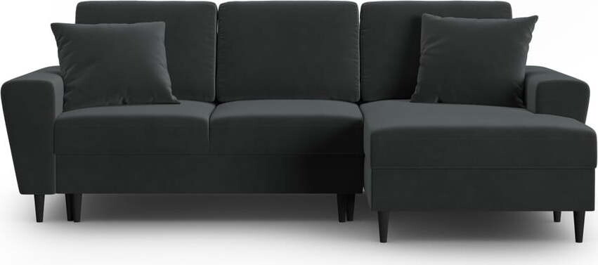 Tmavě šedá sametová rozkládací/s úložným prostorem rohová pohovka (pravý roh/s lenoškou) Kyoto – Cosmopolitan Design
