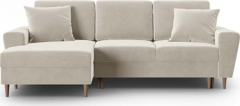 Béžová sametová rozkládací/s úložným prostorem rohová pohovka (levý roh/s lenoškou) Kyoto – Cosmopolitan Design