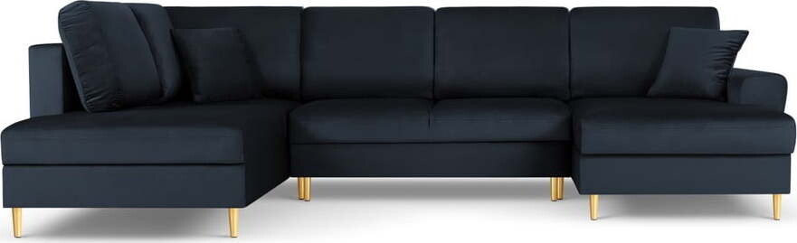 Tmavě modrá sametová rozkládací/s úložným prostorem rohová pohovka (levý roh/do