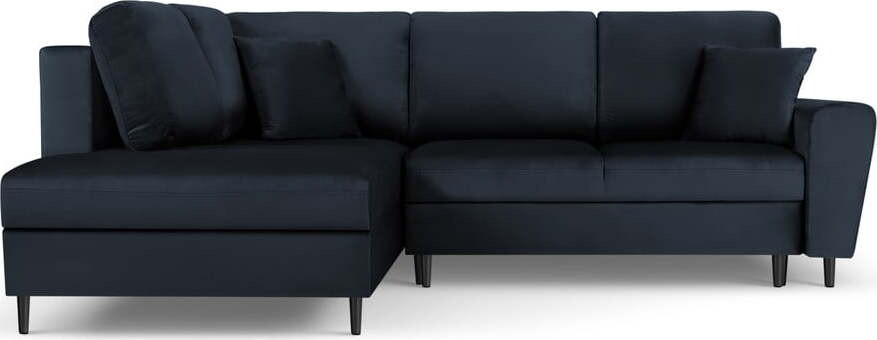 Tmavě modrá sametová rozkládací/s úložným prostorem rohová pohovka (levý roh/do L) Kyoto – Cosmopolitan Design