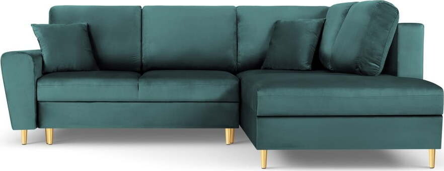 Sametová rozkládací/s úložným prostorem rohová pohovka v petrolejové barvě (pravý roh/do L) Kyoto – Cosmopolitan Design