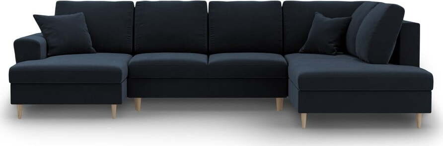 Tmavě modrá sametová rozkládací/s úložným prostorem rohová pohovka (pravý roh/do 