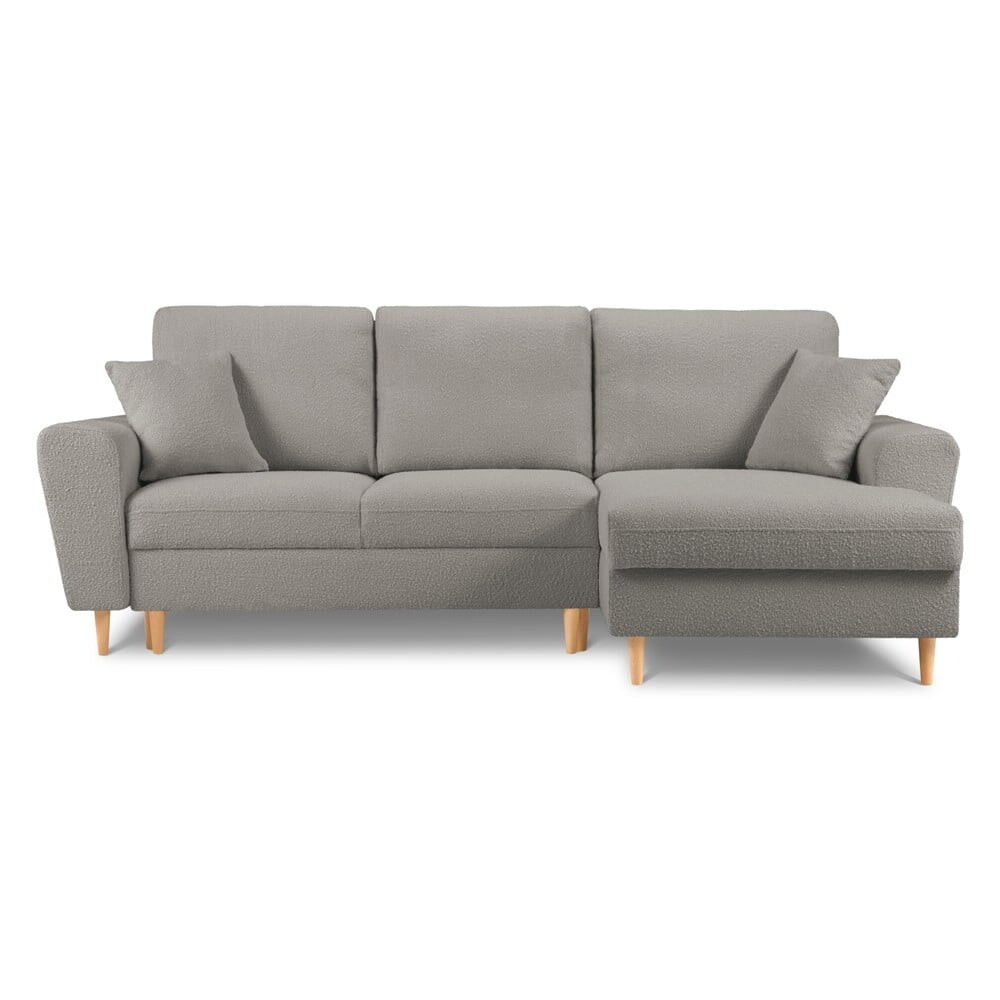 Světle šedá rozkládací/s úložným prostorem rohová pohovka z textilie bouclé (pravý roh/s lenoškou) Kyoto – Cosmopolitan Design