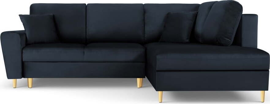 Tmavě modrá sametová rozkládací/s úložným prostorem rohová pohovka (pravý roh/do L) Kyoto – Cosmopolitan Design