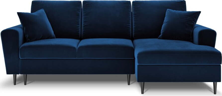 Modrá sametová rozkládací/s úložným prostorem rohová pohovka (pravý roh/s lenoškou) Kyoto – Cosmopolitan Design